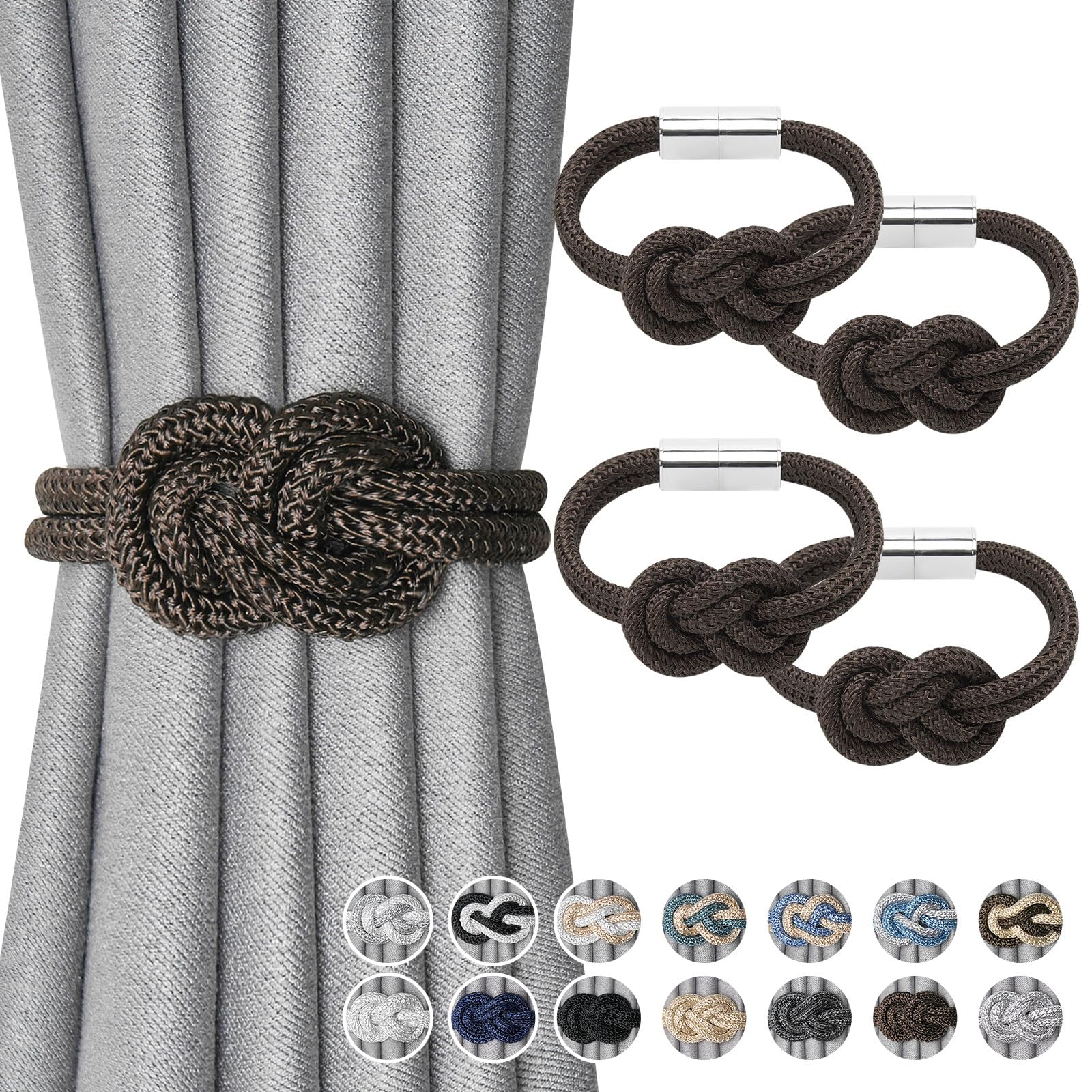 Pretty Jolly 4 Pack Mini Magnetic Curtain Tiebacks Nordic Simple Style Drape Tie Backs Elegant Hand Weave Rope Knot Decorative Curtain Holdbacks for Home & Office Window Drapery (Coffee)