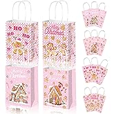 Qpout 12Pcs Pink Christmas Party Favors Bags,Gingerbread House Gift Bags with Handle Paper Snack Goodie Candy Treat Bags for Xmas Holiday Gift Wrapping Baby Shower