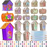 Qunclay 18 Pcs LED Halloween Wooden Craft House for Kid, Paint Brushes Kit | Halloween Party Favors, Paint Your Own, 3D Unfinished Wood Crafts DIY, Including 12 Strips Paint and Flat Tip Brushes