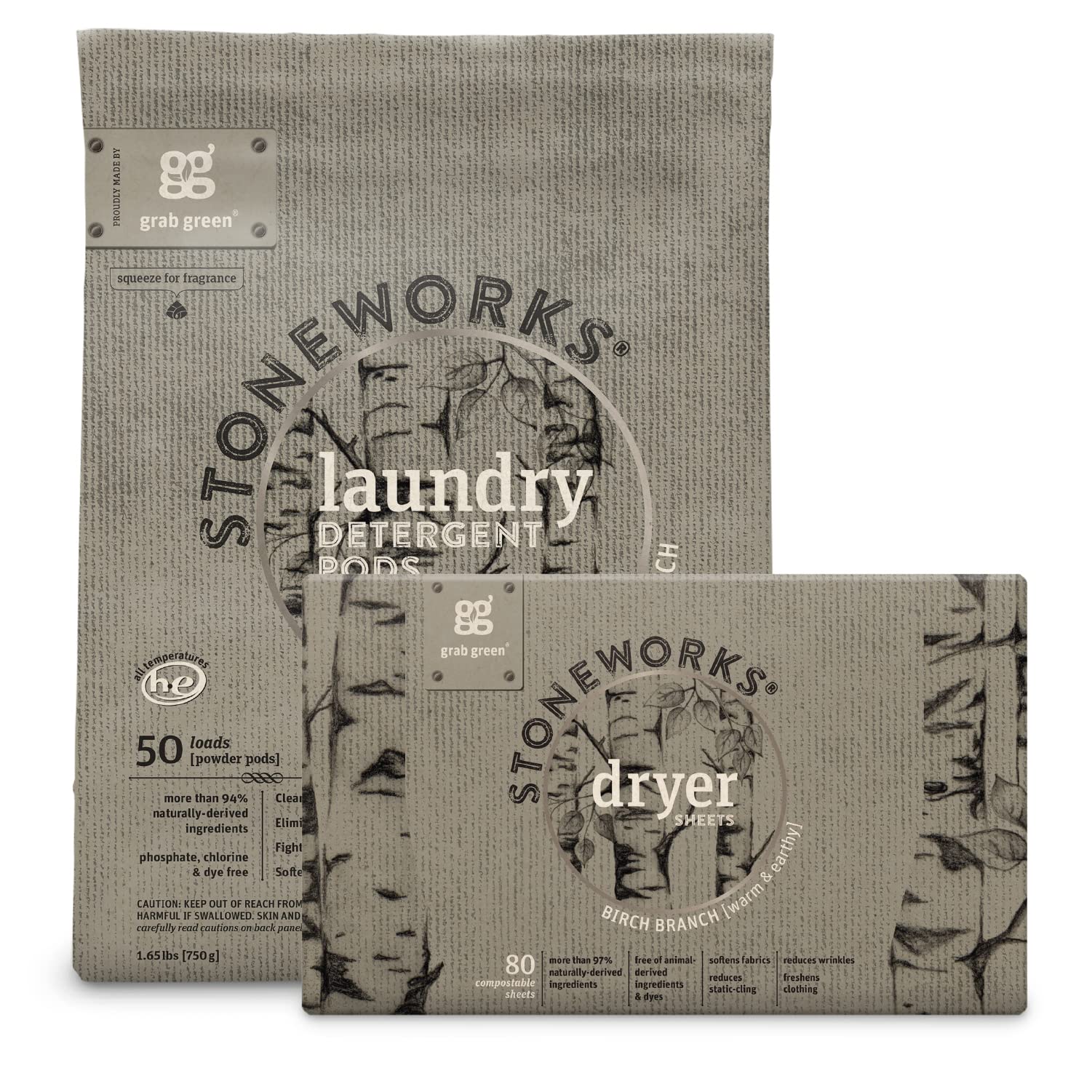 Photo 1 of Grab Green Stoneworks Laundry Detergent Pods and Dryer Sheet Bundle, 50 Count Pods and 80 Dryer Sheets, Birch Branch Scent, Plant and Mineral Based Laundry Care Set