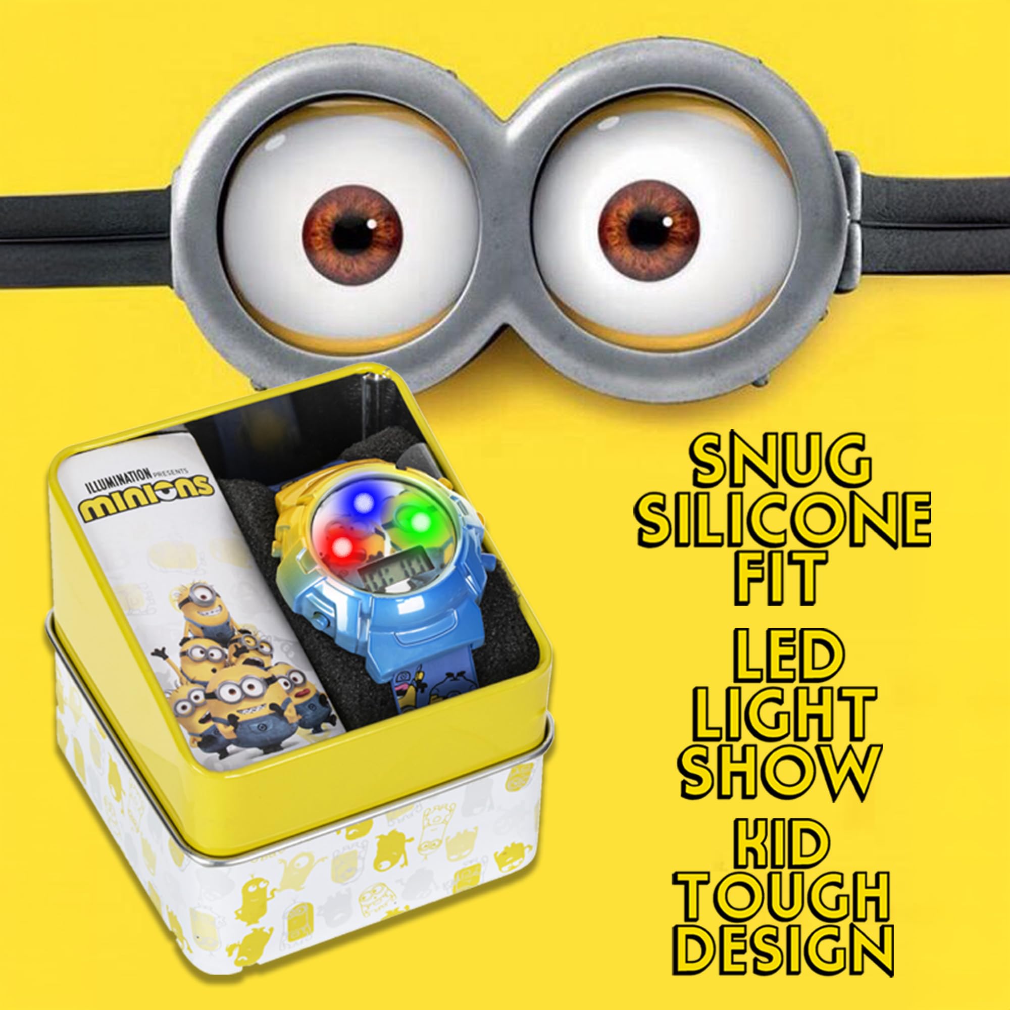 Minions Kids Watch – Flashing Dial Lights, LCD Display, Adjustable Comfortable Strap, Collectible Tin – Perfect for Boys and Girls