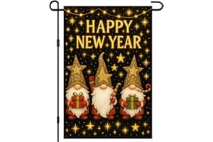 IVN New Year Eve Garden Flag 12x18 Inch Double Sided Happy New Year Gnome Flag 2026 Gold Black Champagne Winter Gift Box Outdoor Yard Flag for Outside Home Front Door Lawn Porch Patio Welcome Decor