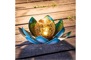 Huaxu Solar Light Outdoor Garden Decor Blue Metal Crackle Globe Glass Waterproof LED Lotus Flower Table Lamp Decorations for Patio Yard Porch Pathway Ground