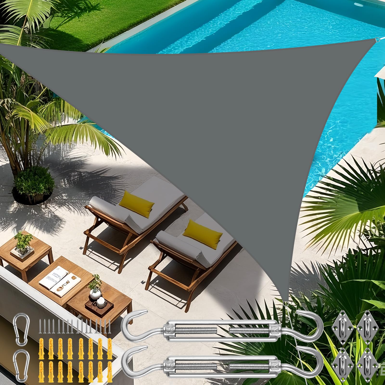 Awning Including 24 Mounting Kit, 3 x 3 x 3 m, Waterproof Sun Protection, Triangle Parasol, Outdoor Canopy, Garden, Patio, Pool Shades, Sail Awning, Camping Shade (Grey)