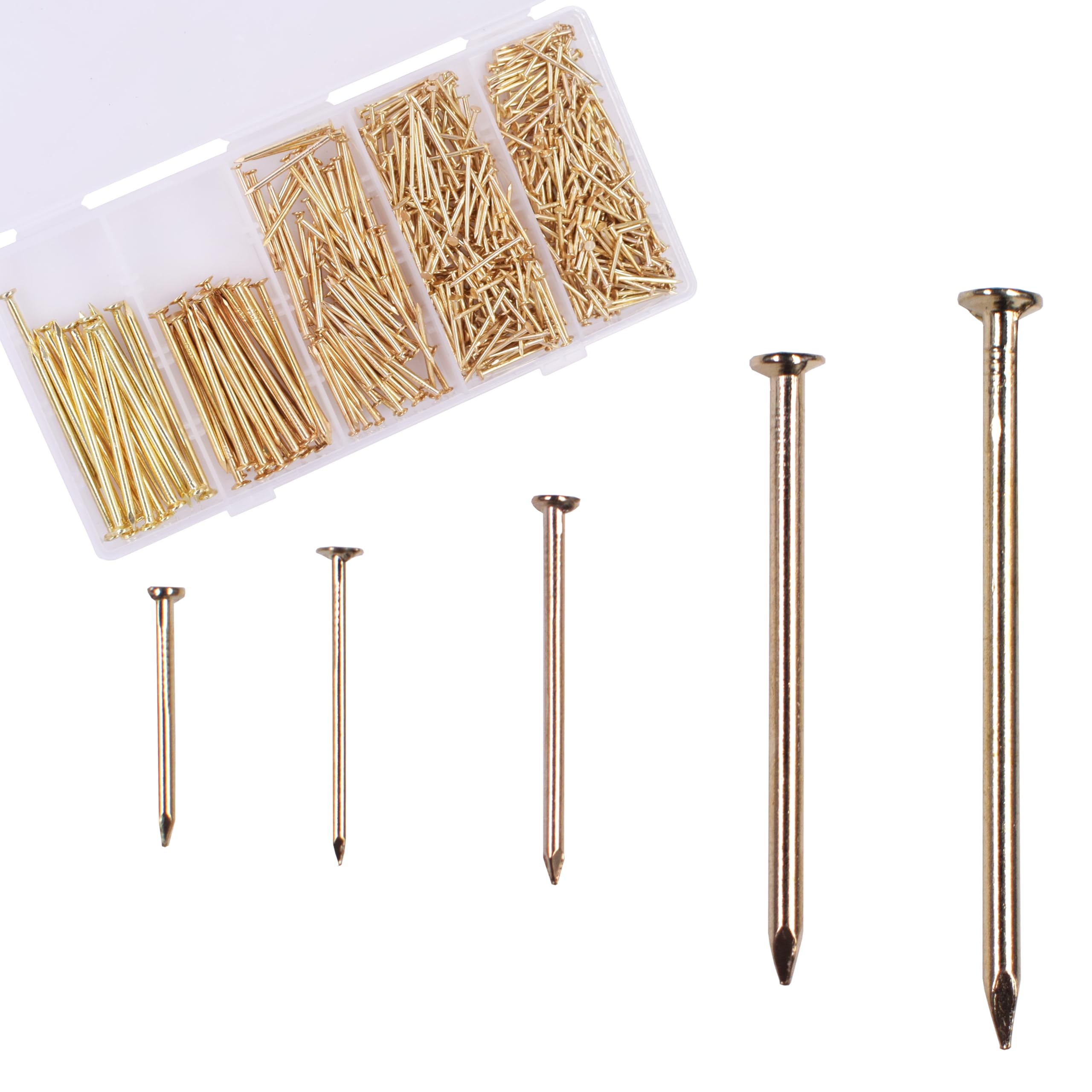 OMOTOOL Gold Nails Assortment Kit (510pcs), Brass Plated Nails for Hanging Pictures and Woodworking, 5 Size Assortment
