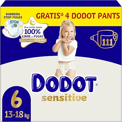 Pañales Bebé Sensitive, Talla 6 (+13 kg), 111 Pañales + 4 Pants de Regalo, Hasta 12 h De Protección Antifugas y Cuidado de la Piel, Pack Mensual