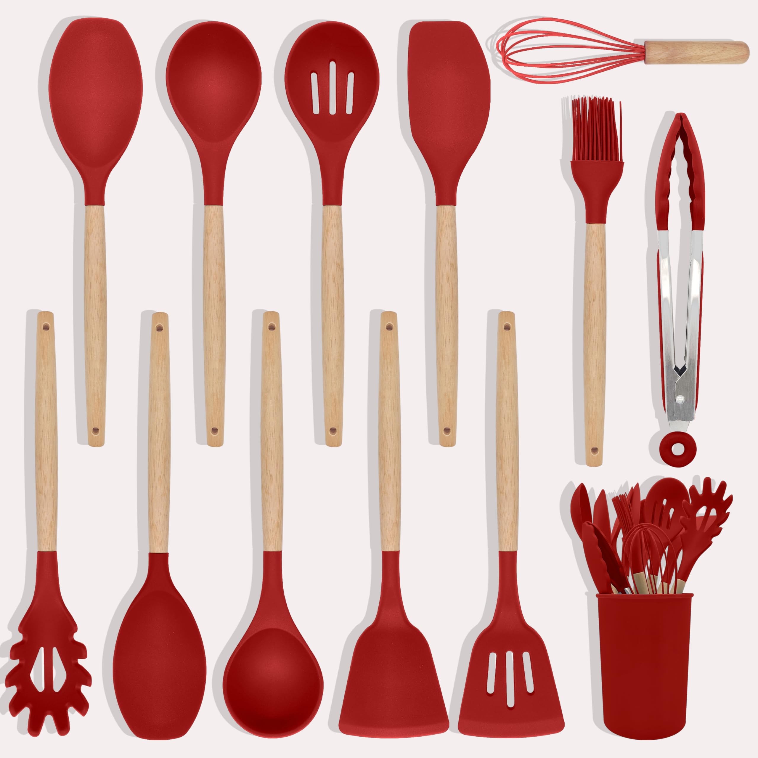Photo 1 of Kitchen Utensils Set 12 Pieces Nonstick Silicone Cooking Utensils Wood Handle Silicone Cooking Utensils Set with Holder Dishwasher Safe BPA Free(red)
