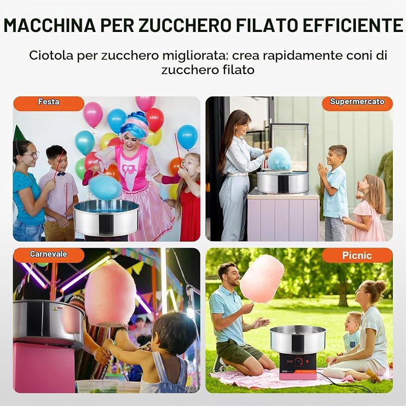 Macchina Zucchero Filato Elettrica 1000 W Macchina Zucchero Filato Commerciale, con Ciotola in Acciaio Inossidabile, Paletta per Zucchero, per Compleanno di Bambini, Feste in Famiglia, Rosa