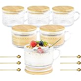 Icesip 14oz Vintage Coffee Mugs Glass of 6 Hobnail Overnight Oats Glass Mug with Handle Bamboo Lids Spoon for Iced Coffee Latte Yogurt(Hobnail*6 with Seal Ring Lid)