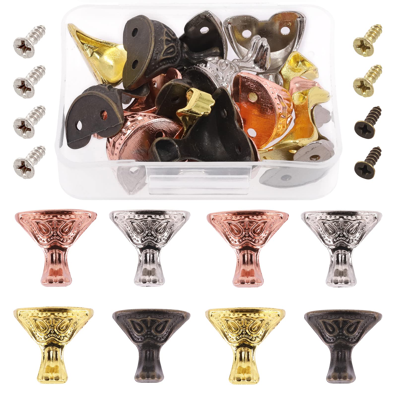 Swpeet 12 Sets Vintage Antique 4 Colors Gold Silver Antique Rose Gold Box Legs Feet Corner Protector with Matched Screws Assortment Kit, Decorative Feet Decorative Jewelry Box Feet Jewelry Gift