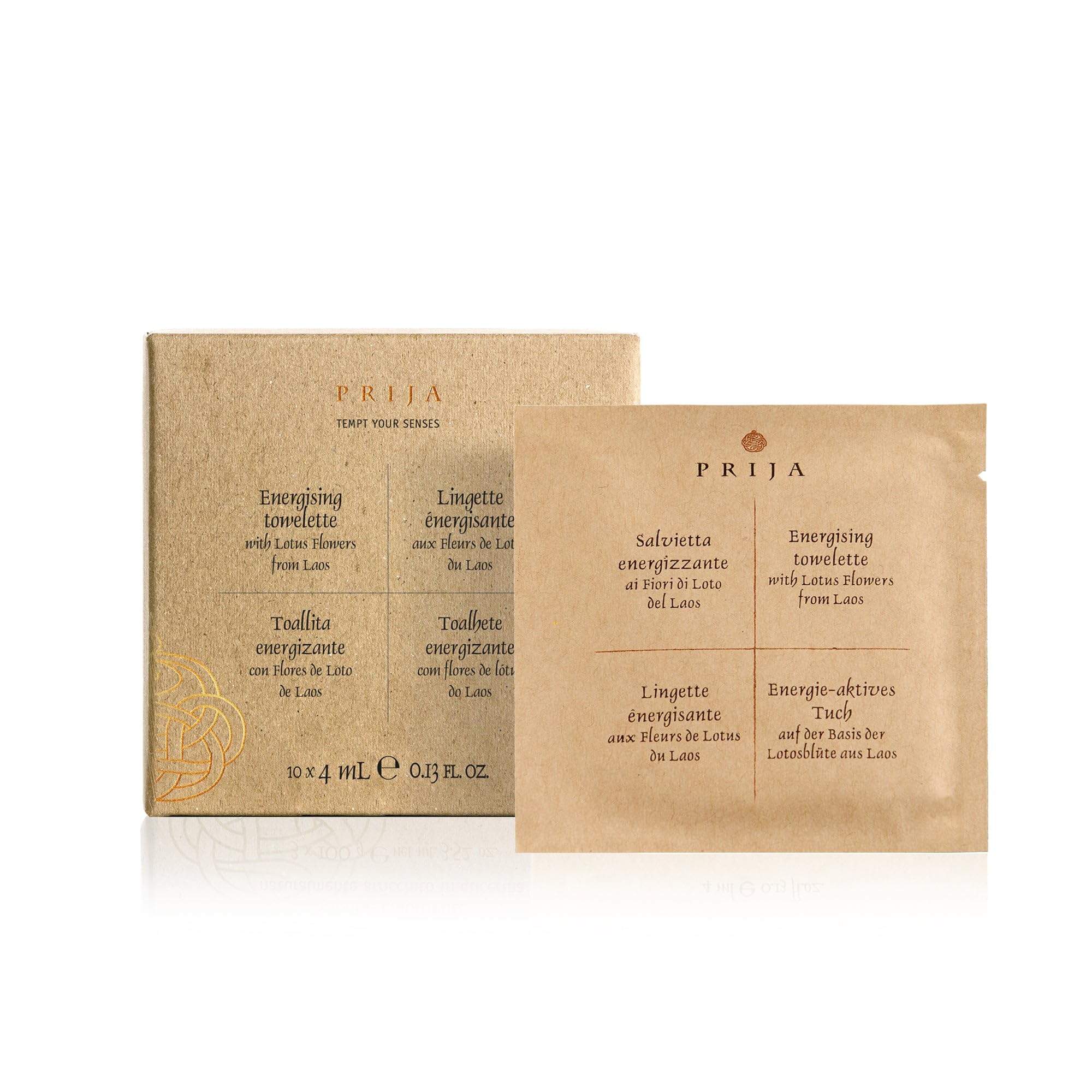 Prija Energising Towelettes Gift Pack for Moisturising Hands and Invigorating the Body, Luxurious Travel Wet Wipes with Lotus Flower, Premium Natural Viscose Wipes in Gift Box 10 x 4ml