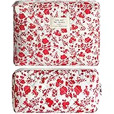 2Pcs Quilted Makeup Bag Set Flower Cute Pencil Case Large Small Travel Makeup Pouch Set for Women Coquette Makeup Bag Aesthetic Cotton Cosmetic Bag Hot Pink Toiletry Organizer Storage Bag Zipper Pouch