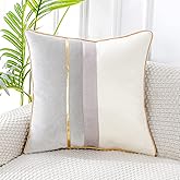 PANOD Patchwork Light Grey Silk-Like Velvet Throw Pillow Cover with Gold Striped Leather Cushion Case Modern Luxury Square Pillowcase for Sofa Couch Bedroom Living Room Home,18x18 inch