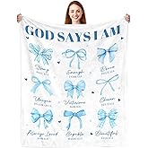 CIUGOIG Christian Gifts for Women - God Says I Am Blanket 50"X60" - Inspirational Religious Birthday Catholic Spiritual Gifts & Baptism Comformation Gifts for Girl Blue Bow Bible Verse Blanket