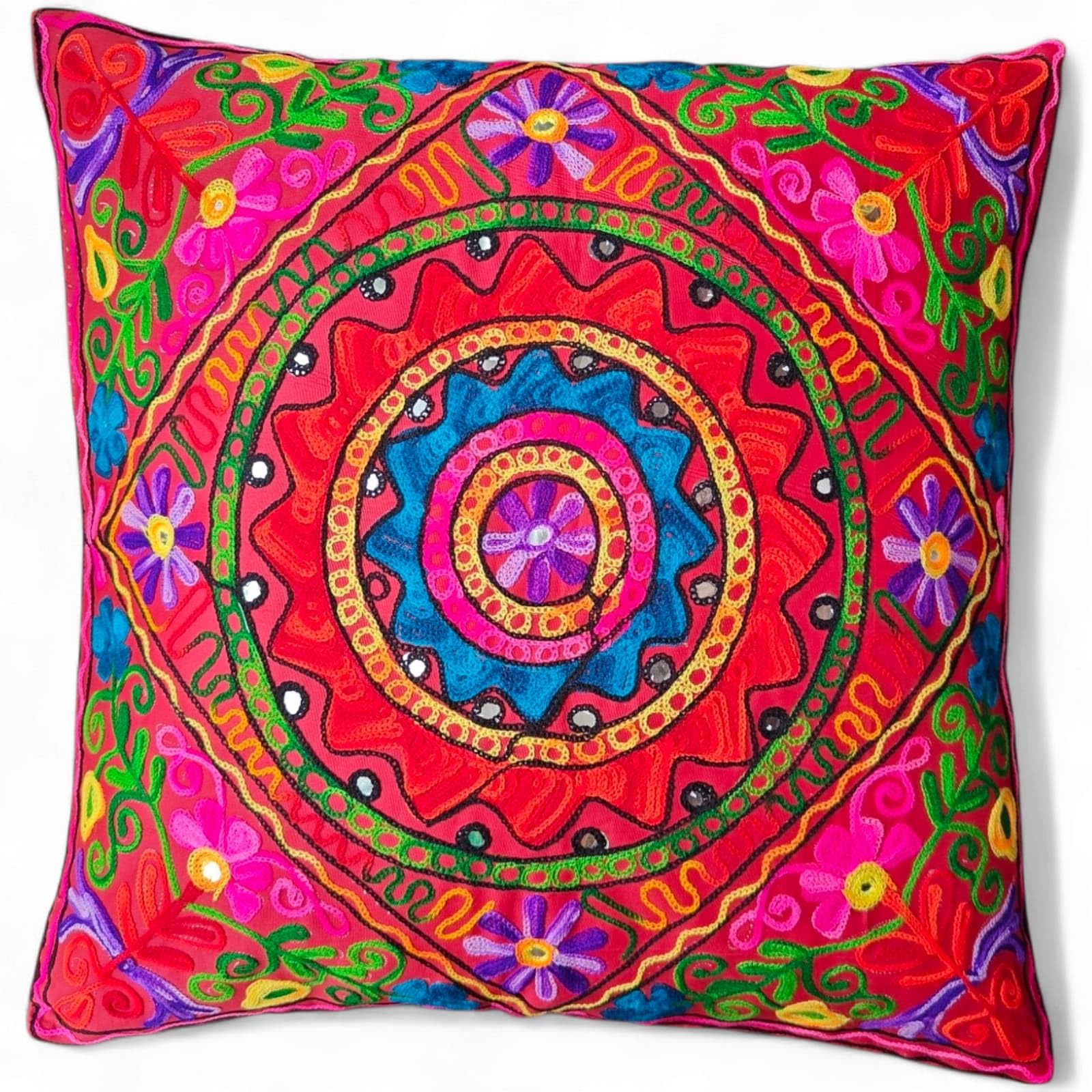 Original Kikan Suzani Multi Colour Floral Embroidery 24" x 24" 60 x 60 cms Indian Ethnic Floor Cushion Cover Sofa Pillow Zipper Vegan (RED)