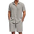 COOFANDY Mens Summer Beach 2 Piece Outfits Casual Vacation Cotton Linen Yoga Matching Set Short Sleeve Shirt and Shorts