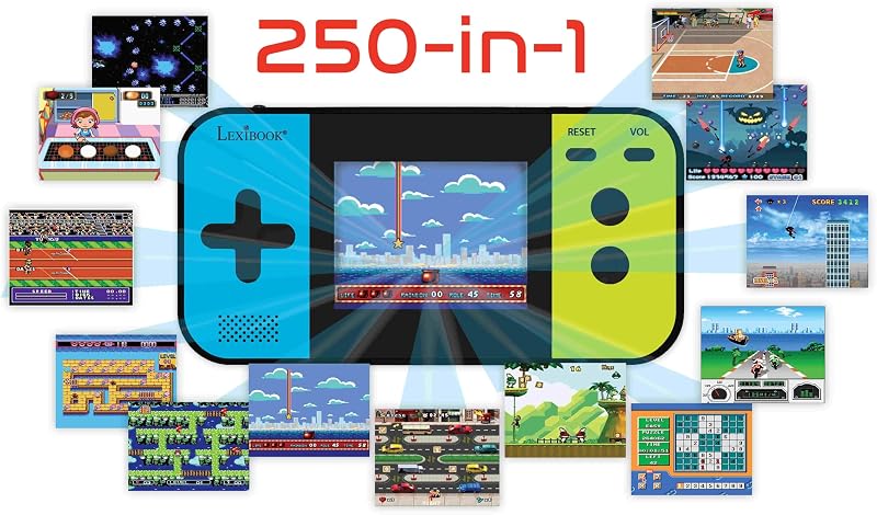 Compact Cyber Arcade Tragbare Spielkonsole, 250 Gaming, LCD, Batteriebetrieben, Videospiel Kind Teenager, schwarz/blau/grün, JL2377LXB