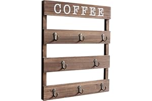 EMAISON Solid Wood Coffee Mug Holder Wall Mounted, Rustic Cup Rack with 8 Hooks Large Space for Big Cups for Kitchen, Home, C