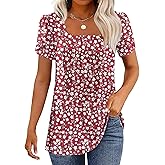 WNEEDU Womens T Shirts Casual Petal Short Sleeve Blouses Square Neck Summer Tops 2025 Pleated Tunic Loose Fit