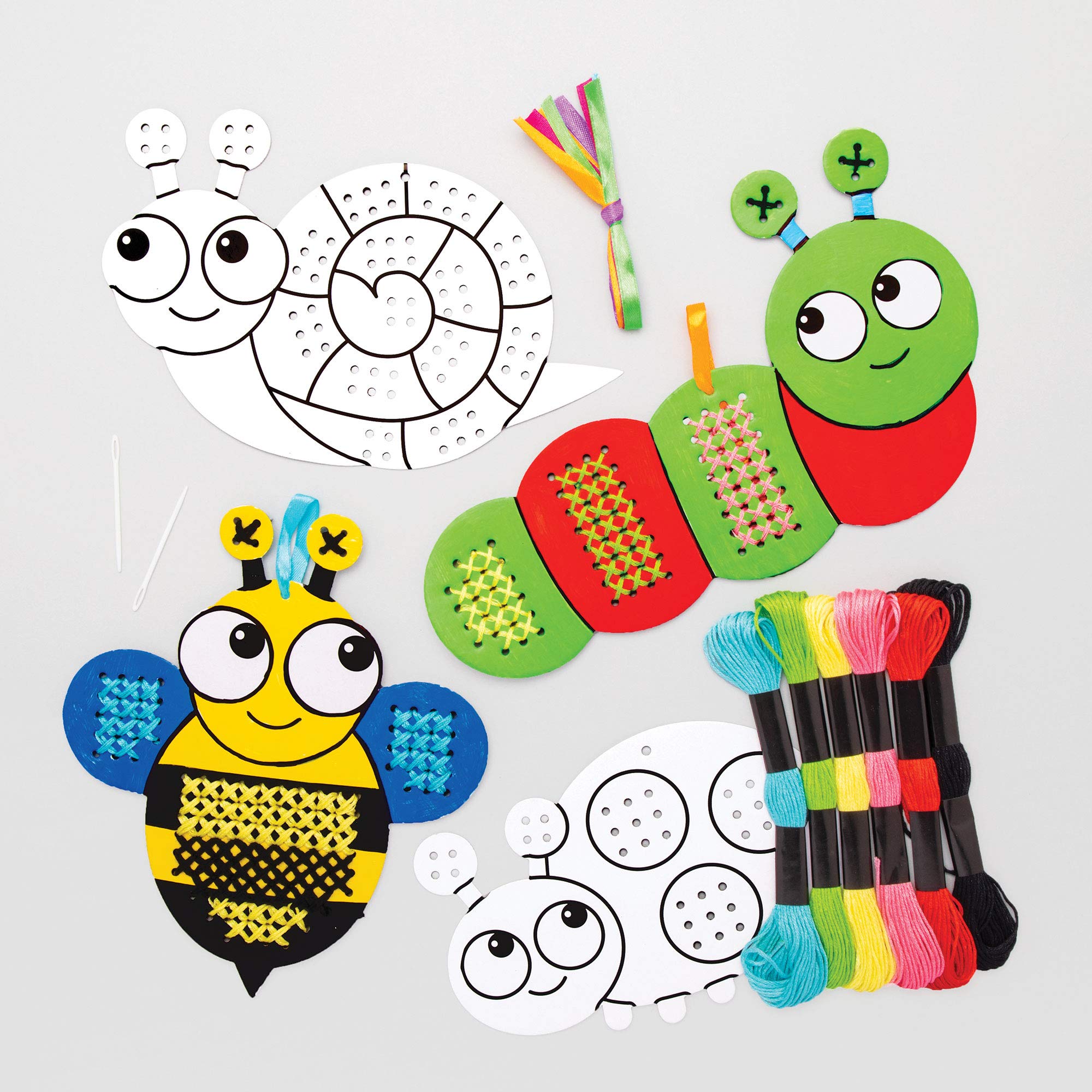 Baker Ross AT619 Bug Colour in Cross Stitch Kits - Pack of 5, Embroidery Kits for Beginners, Ideal Kids Arts and Crafts Project