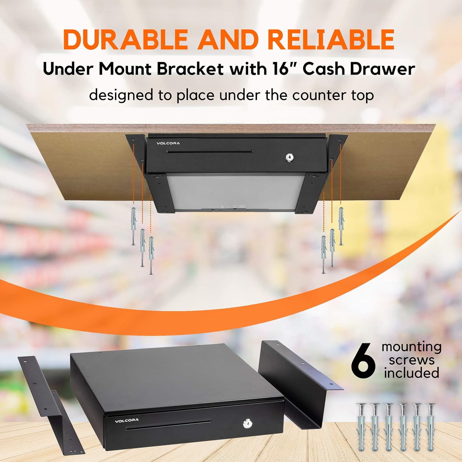 Cash Register Drawer with Under Counter Mounting Metal Bracket - 16” Black Cash Drawer for POS, 5 Bill 6 Coin Cash Tray, Removable Coin Compartment, 24V RJ11/RJ12 Key-Lock, Media Slot - For Businesses : Electronics