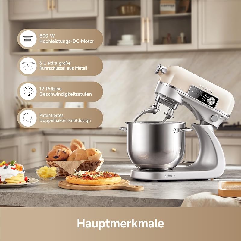 MX60 Küchenmaschine Standmixer Patentierter Doppelknethaken und ein lautloser 800-W-DC-Motor treiben die 6-L-Schüssel an. Intelligentes digitales Display, 12 Geschwindigkeiten
