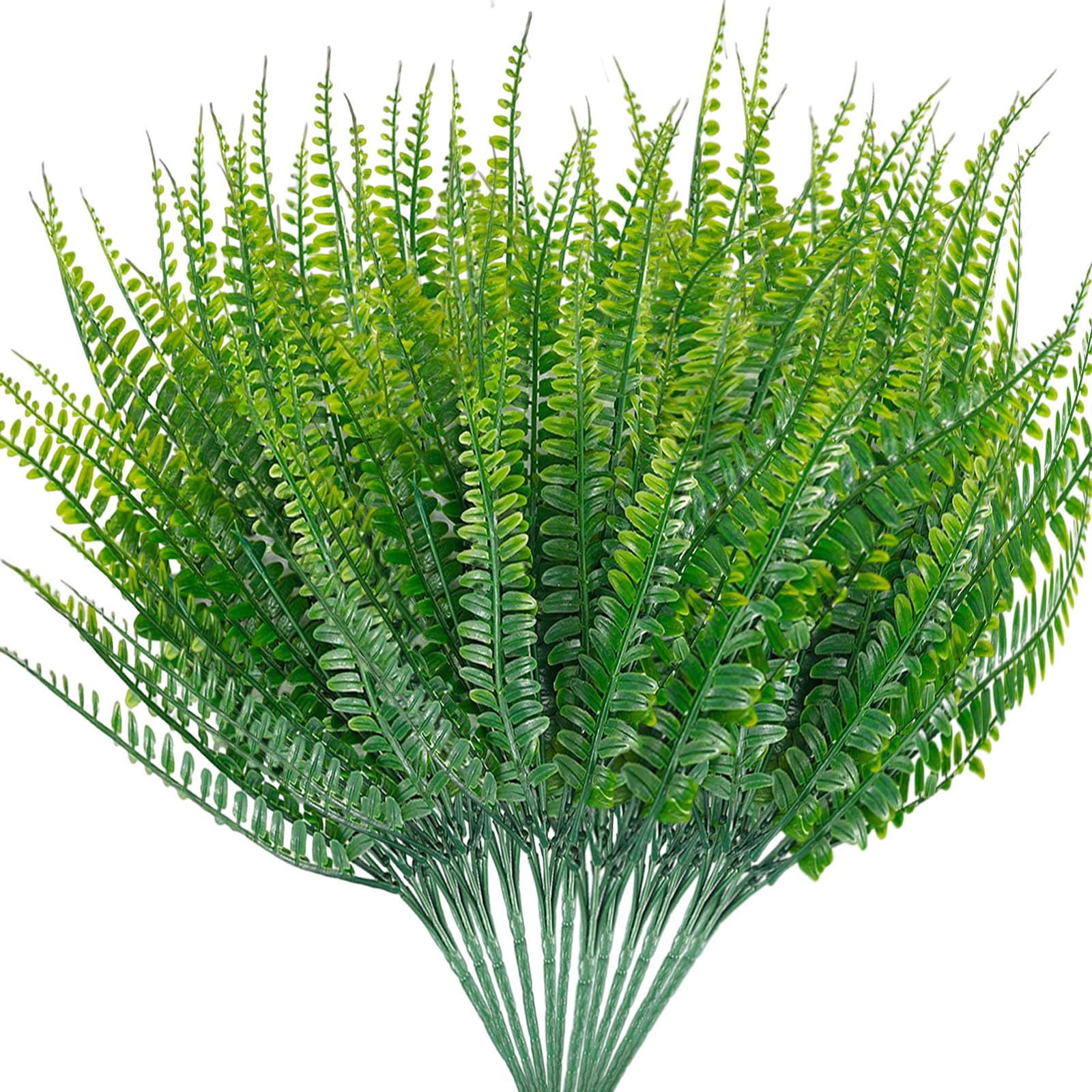 ToKinCen 12Pcs Artificial Fern Outdoor Faux Fern Plants Fake Boston Fern Plants Plastic Greenery Bushes Shrubs Bundles Patio Basket Pot Hanging Garden Planter Indoor Outside Decor