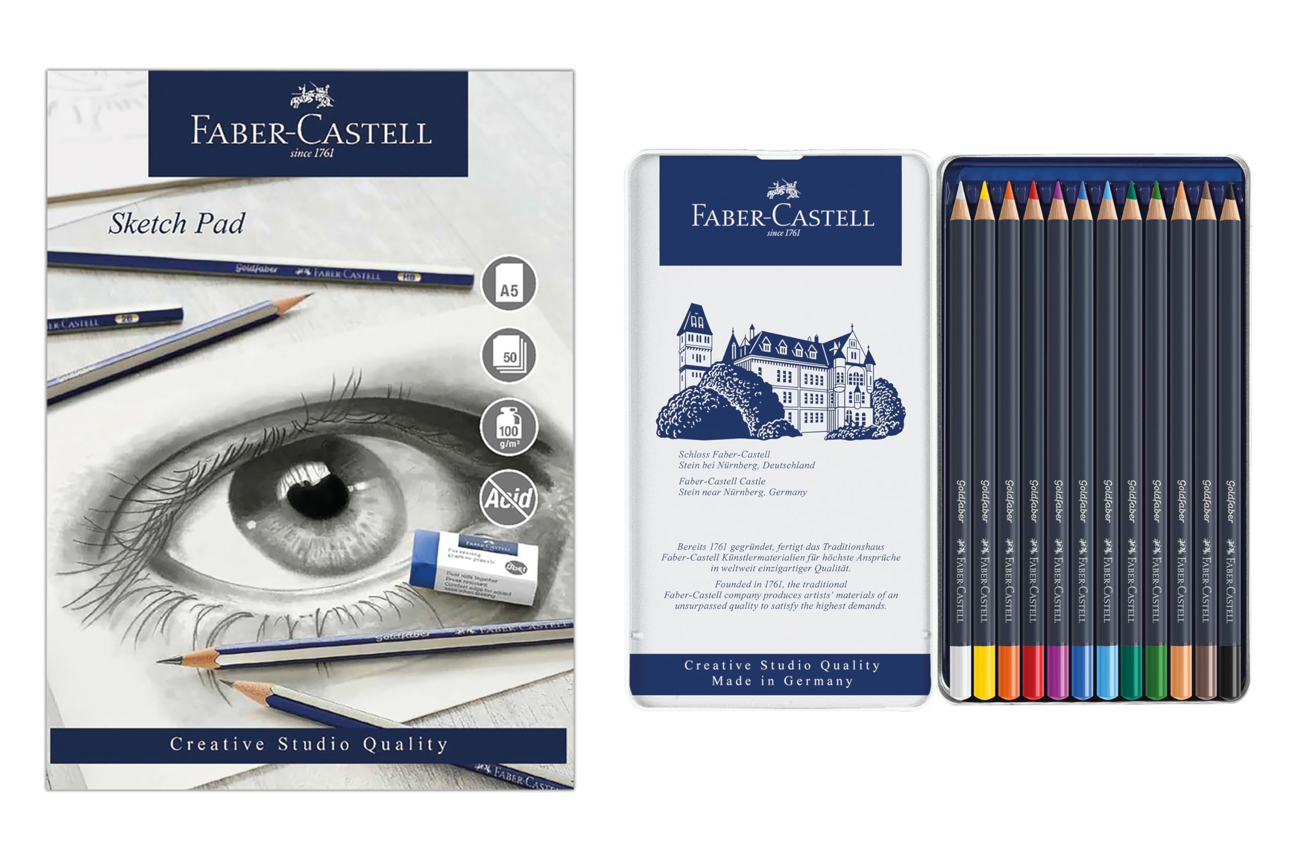 Faber-Castell Goldfaber, Colour Pencil Set, Tin of 12 & Sketch Pad, A5, Gummed Paper Pad 100gsm, 50 Sheets, Art, Artist Supplies