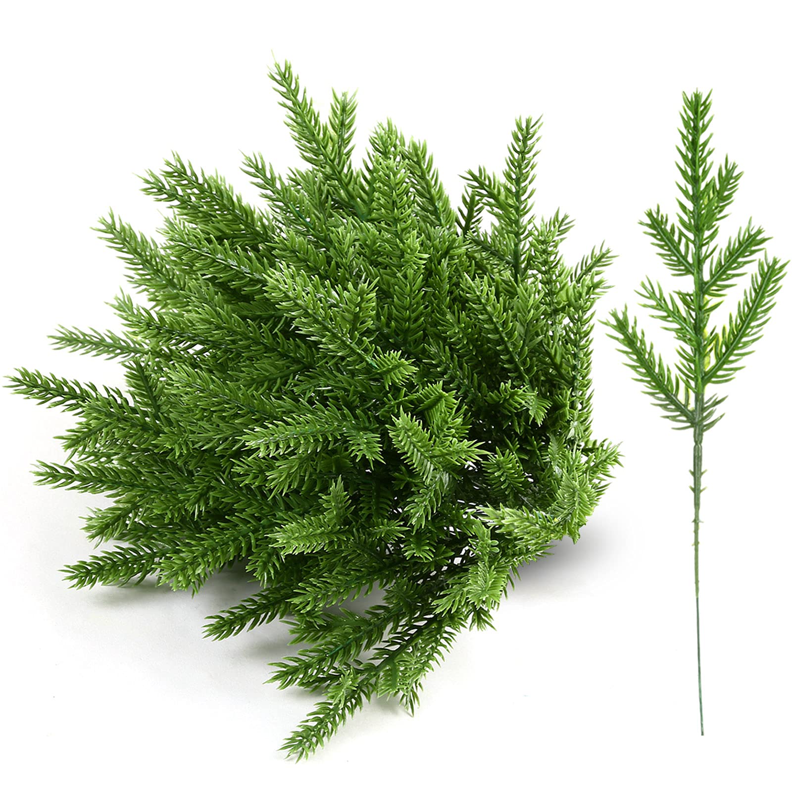 GWHOLE 60 Pcs Norfolk Pine Stems Artificial Pine Branches Christmas Foliage Filler Branches for Xmas Tree Garland Wreath Home Decor