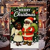 HOMETITUTE Black Santa and Christmas Angel Merry Christmas Garden Flag 12x18 Inch Holiday Yard Banner Double Sided Outdoor Seasonal Winter Decoration for Porch Lawn Patio Pathway