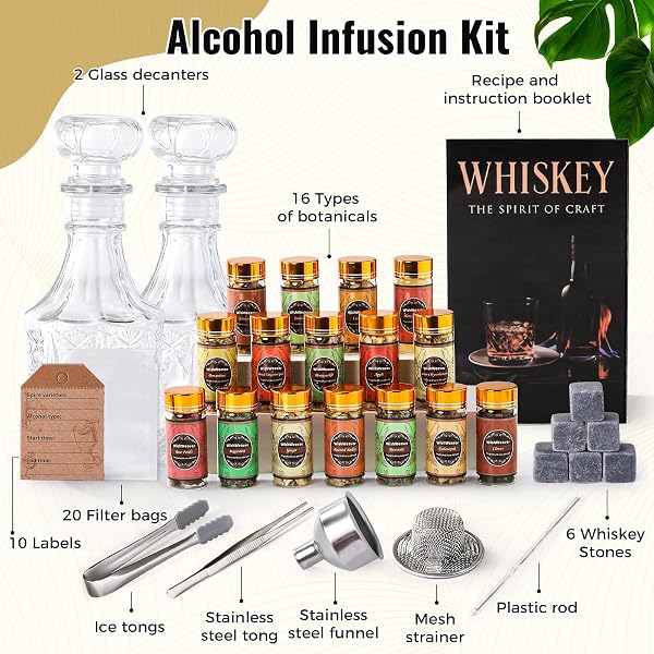 ALCOHOL INFUSION KIT,16 NATURAL DIY WHISKEY MAKING KIT FOR INFUSING BOURBON,RYE, GIN, VODKA,TEQUILA, RUM WITH CUSTOM BOTANICALS, PERFECT ALCOHOL INFUSION KITS STOCKING STUFFERS FOR MEN, DAD, HUSBAND