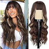 NOSTALGIA Wigs with Bangs 26 Inches Curly Wavy Wig for Women Brown Mixed Blonde Highlight Wig Synthetic Wigs for Girls Daily Party Use