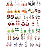 Junkin 35 Pairs Holiday Earrings for Women Halloween Thanksgiving Christmas Dangle Earrings Cute Variety Pack Gifts for Fourth of July Easter
