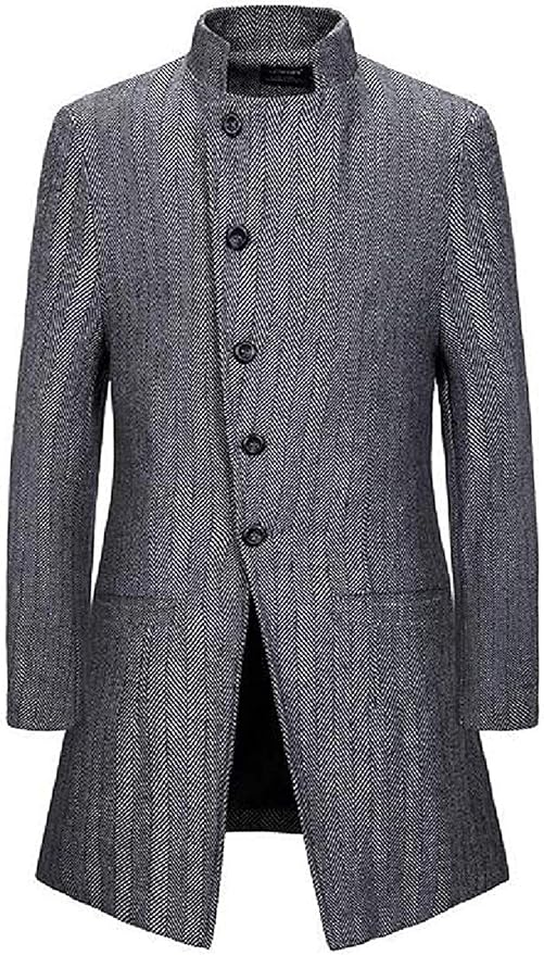 Mens Mid Length Trench Pea Coat Stand Collar Wool Blend Trench Pea Coat