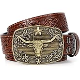 SANSTHS Western Cowboy Belts for Men Women, Mens Western Belt Bull Buckle Country Belt Cowboy Leather Belt for Jeans