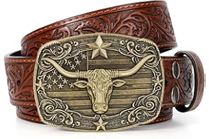 SANSTHS Western Cowboy Belts for Men Women, Mens Western Belt Bull Buckle Country Belt Cowboy Leather Belt for Jeans