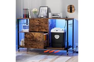Hyomdeck 2 Drawer Lateral File Cabinet with Shredder Stand, Locking Office Filing Cabinet with Outlet and LED Light, Printer Stand with Storage, Home Office Cabinet for Letter Legal Size, Rustic Brown