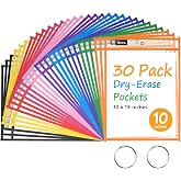GNL Dry Erase Pocket Sleeves 30 Packs, Reusable Clear Plastic Ticket Holders with Rings, Durable &amp; Easy-to-Erase Sheet Protectors, Assorted Colors 10x14 Inch for Classroom &amp; School Teacher Supplies