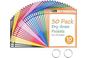 GNL Dry Erase Pocket Sleeves 30 Packs, Reusable Clear Plastic Ticket Holders with Rings, Durable & Easy-to-Erase Sheet Protectors, Assorted Colors 10x14 Inch for Classroom & School Teacher Supplies