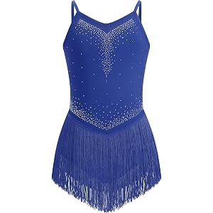 IDOPIP Girls Rhinestone Fringe Latin Dance Dress for Kids 7-12 Years | Sparkle Tassels, Crisscross Back, Salsa Cha Cha Jazz D