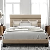 Allewie Full Size Platform Bed Frame with Fabric Upholstered Headboard | Wooden Slats Support, Fully Upholstered Mattress Foundation, No Box Spring Needed, Easy Assembly, Noise-Free, Beige