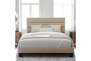 Allewie Queen Size Platform Bed Frame with Fabric Upholstered Headboard and Wooden Slats Support, Fully Upholstered Mattress Foundation/No Box Spring Needed/Easy Assembly, Beige