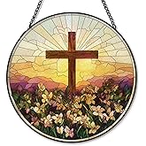 Hxlac Cross Flower Suncatcher Stained Glass Window Hanging, Wildflower Cross Sun Catchers Indoor Window Glass Round Wall Decor, Religious Wall Art Hanging Decorations, 7.8"x7.8"