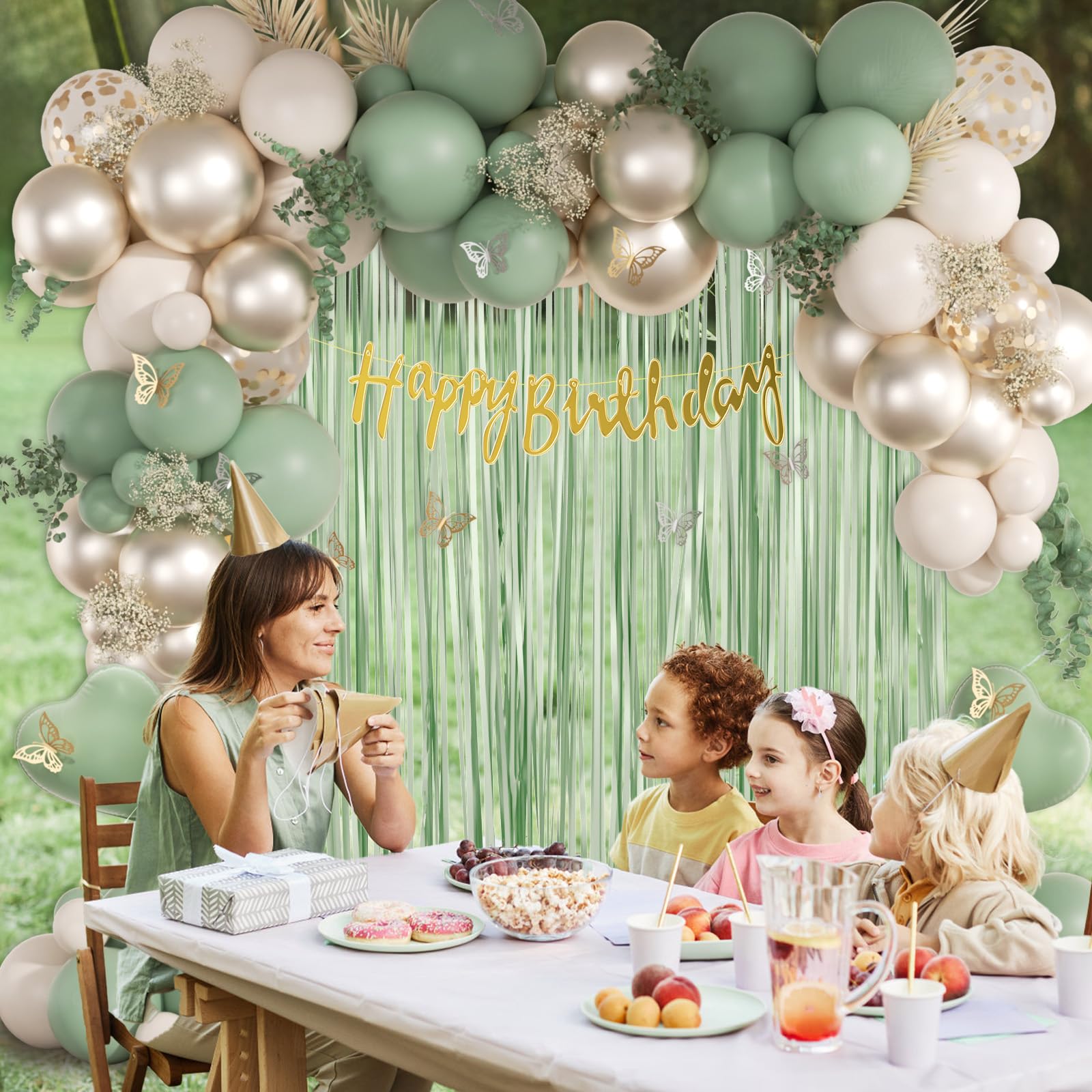 Sage Green Birthday Party Decorations with Happy Birthday Banner Green Fringe Curtain Butterfly Decorations Foil Balloons Happy Birthday Decorations for Women