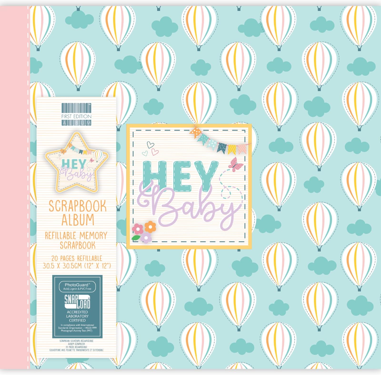 Trimcraft Hey Baby Hot Air Balloons Scrapbook Album 12" x 12" / 30.5 x 30.5 cm, Paper, (20 Pages, Snapload PhotoGuard, Refillable Memory, Acid, Lignin & PVC Free), 12x12 Baloon