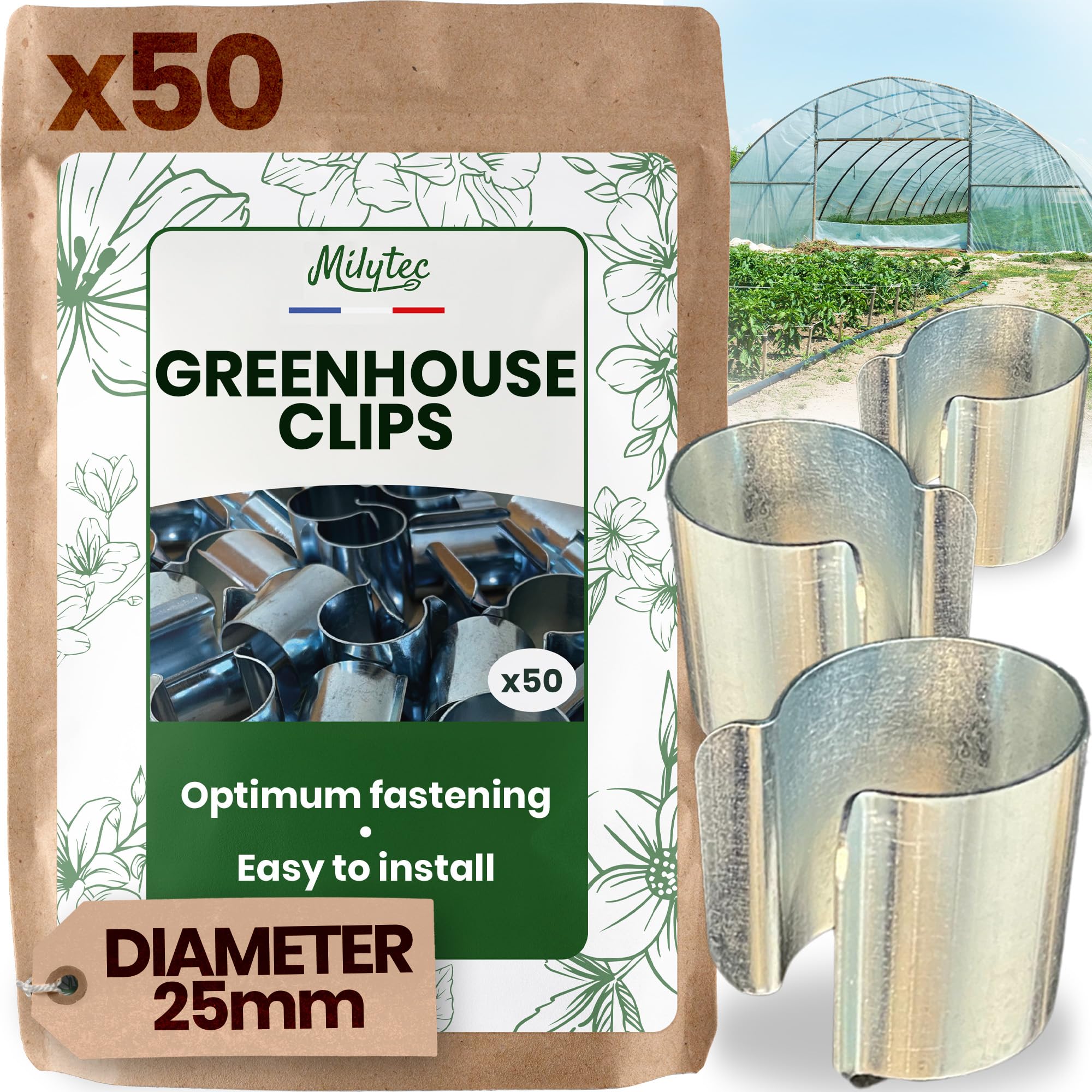 MILYTEC® Greenhouse Clips x50 - Heavy Duty Galvanised Steel Greenhouse Fixing Clips for Secure Plant Protection - Windproof Tarpaulin Clips for Tunnels - Storm Resistant Garden Cover Clips