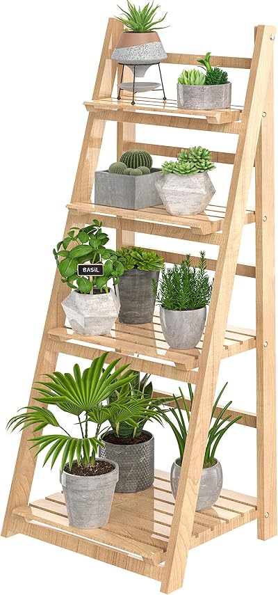 HOMIDEC 4-Tier Plant Stand Ladder Shelf Foldable Natural Wood Home Decor
