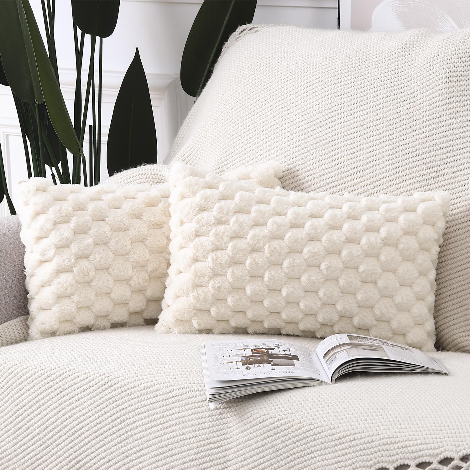 Madizz Faux Wool Beige Cushion Covers 12x20 inch, 30x50 cm, Set of 2 Super Soft Boho Throw Pillow Covers Decorative Textured Pillowcases for Sofa Bedroom — image 1