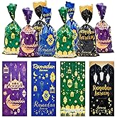 Pedenty 160 Pieces 4 Styles Ramadan Kareem Cellophane Treat Candy Bags with Twist Ties, Islamic Lantern and Moon Designs Clear Goodie Bags for Kids Gifts, Party Favors, and Holiday Snacks Decorations