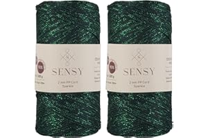 S SENSY 2 Pack of Sensy Premium 2mm 251 Yards Sparkle Polyester Rope 90% Polypropylene 10% Polyester Cord Macrame Cord 2mm Crochet Bag Cord Macrame Rope Crochet Thread Gift for Knitter (Forest Green Sparkle)